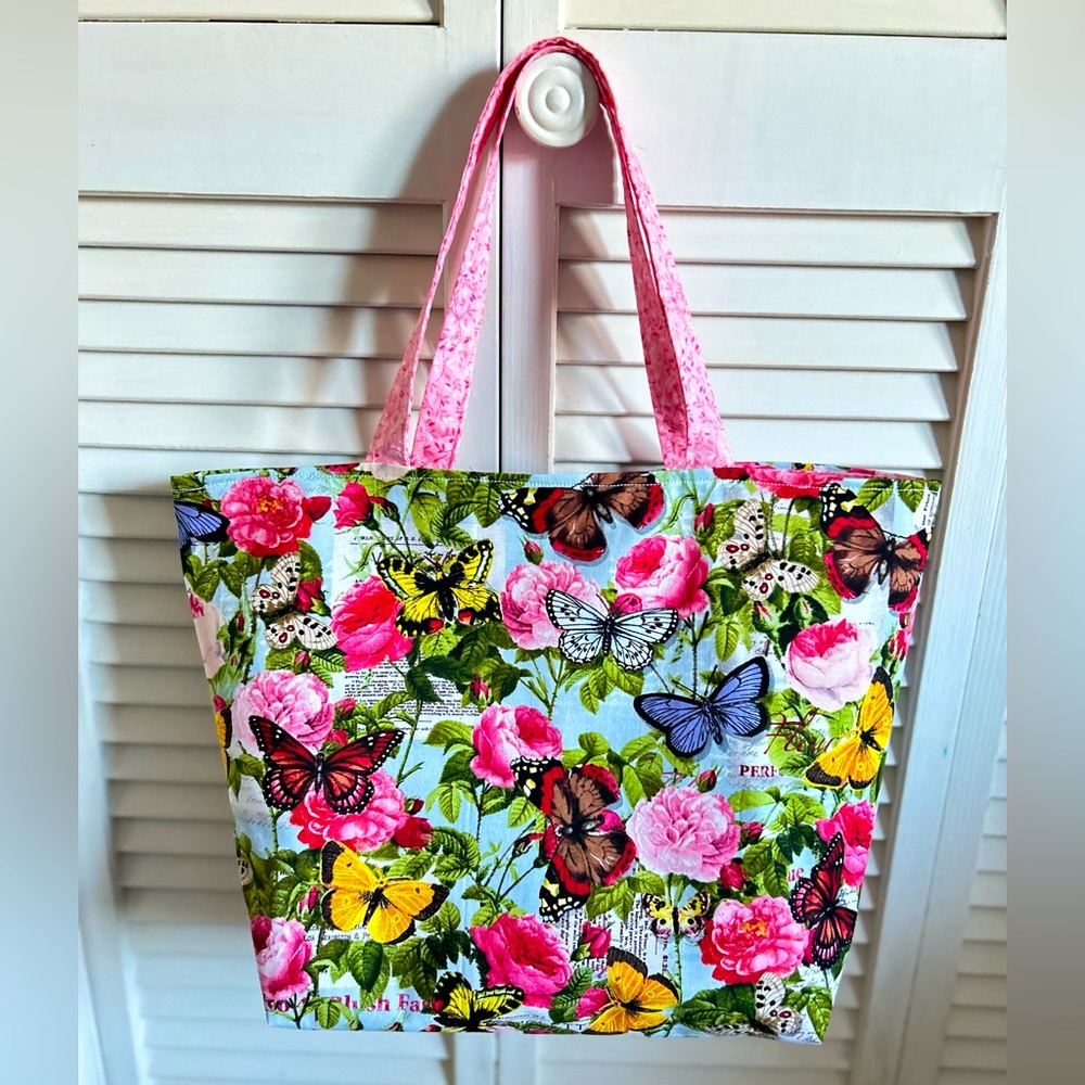 Handmade Tote Bag Colorful Floral Butterflies Fabric Market Bag Shoulder Purse